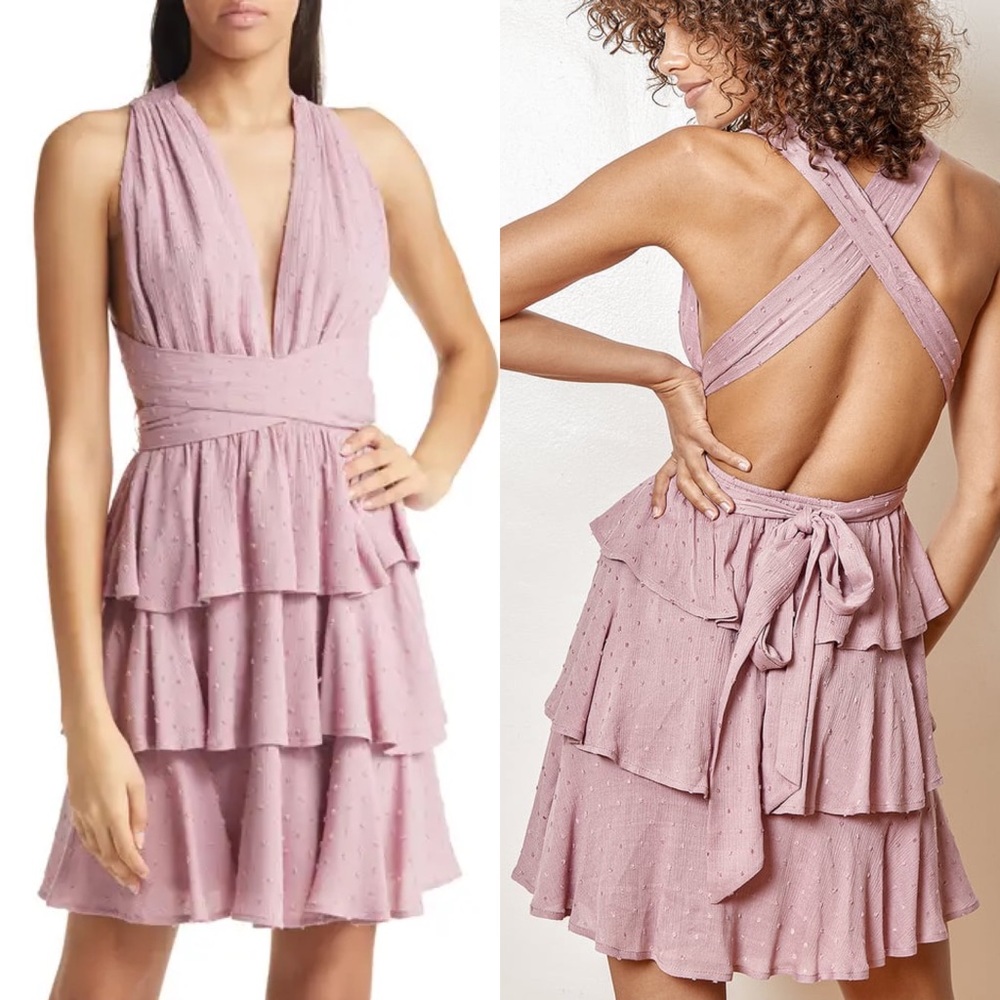 NWT Lulu’s All About Bliss Swiss Dot Tiered Halter Mini Dress Mauve XL - Picture 5 of 16
